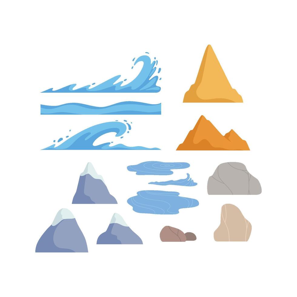 Mountains, rock stones, waves nature landscape constructor design elements Illustration vector