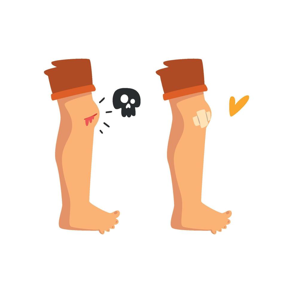Bleeding wound on the knee, sticking plaster, physical injury, first aid and treatment Illustration on a white background vector