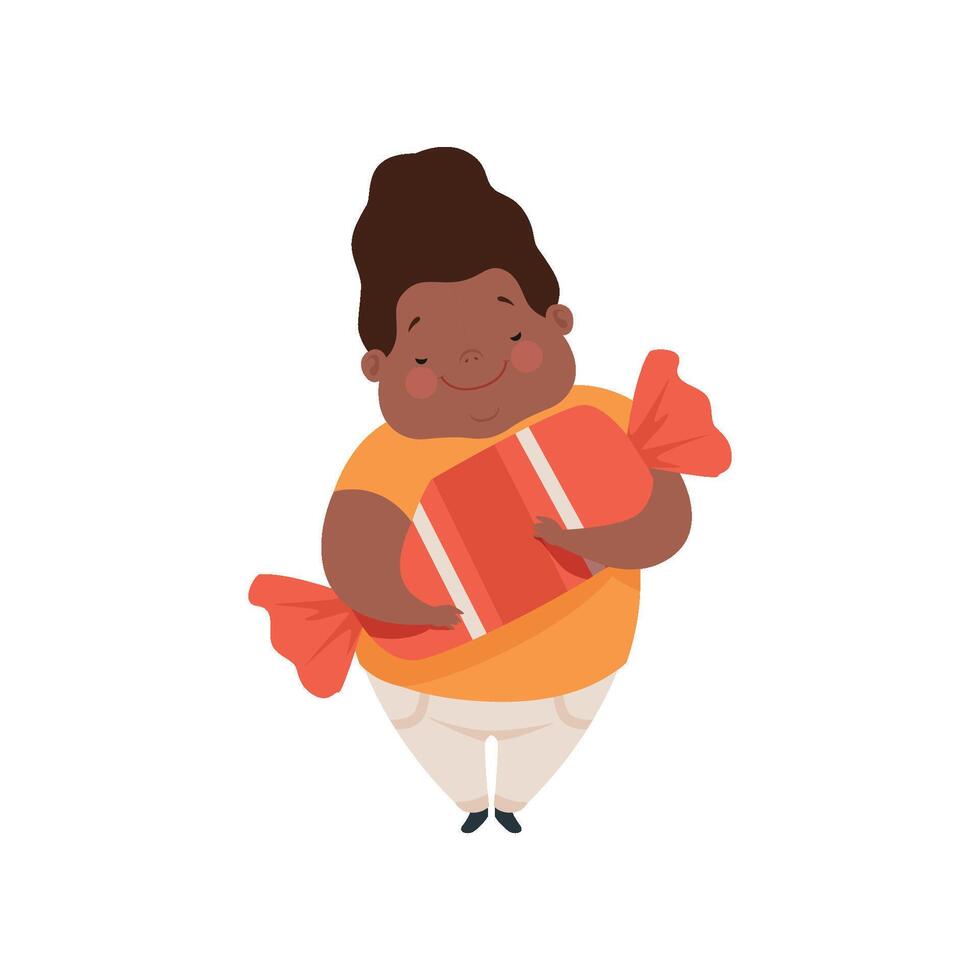 Overweight african american boy with a huge candy, cute chubby child cartoon character Illustration on a white background vector