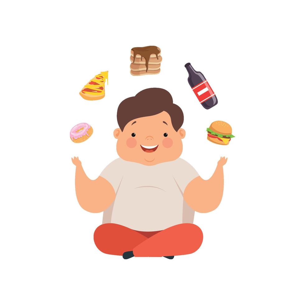 Overweight boy sitting on the floor and juggling fast food dishes, cute chubby child cartoon character Illustration on a white background vector