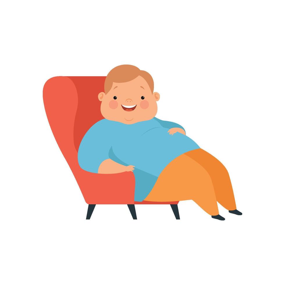 Overweight boy sitting in the chair, cute chubby child cartoon character Illustration on a white background vector