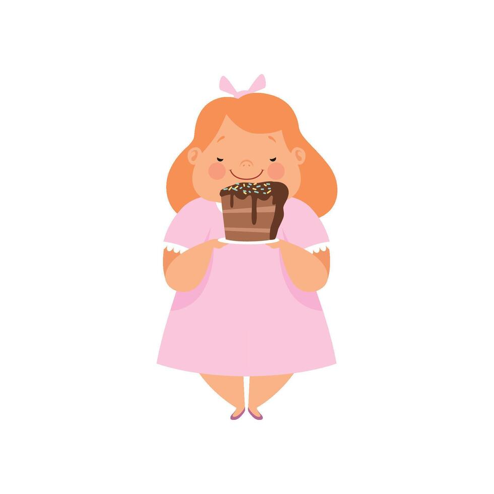 Overweight girl with a piece of chocolate cake, cute chubby child cartoon character Illustration on a white background vector