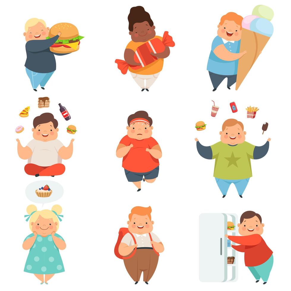 Overweight boys and girls set, cute chubby children cartoon characters with fast food Illustration on a white background vector