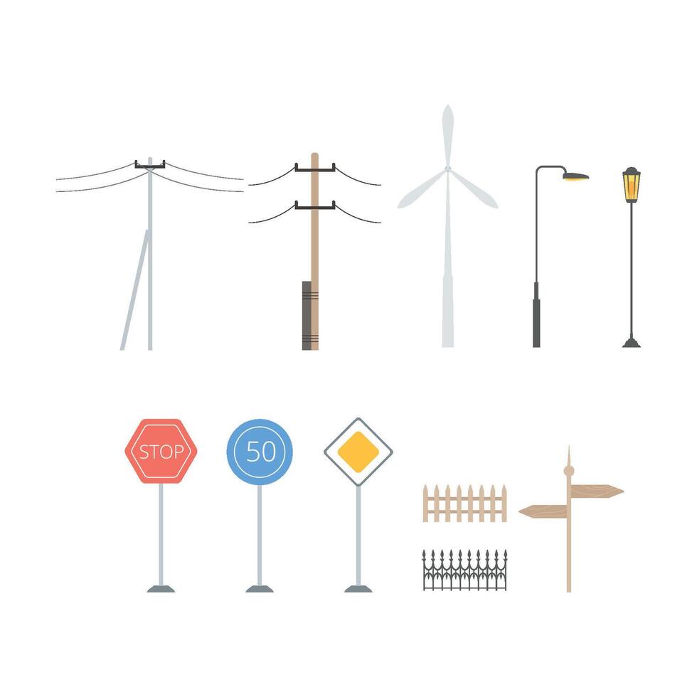 Light posts, traffic signs, direction pointers, fences, windmill, collection of city street landscape design elements Illustration vector