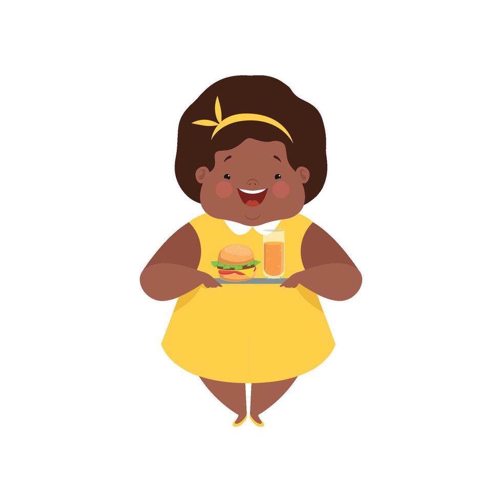 Happy overweight african american girl with junk fast food, cute chubby child cartoon character Illustration on a white background vector
