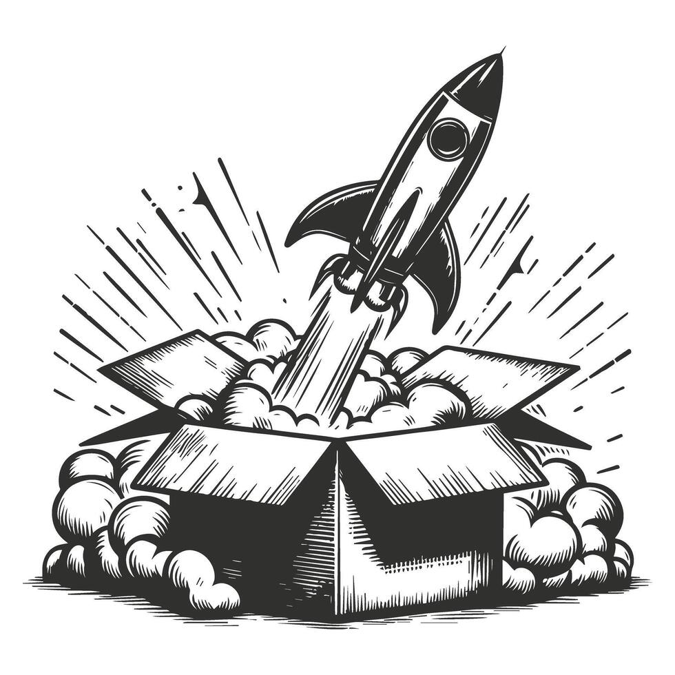 Cartoon Rocket Launch From Box Design vector
