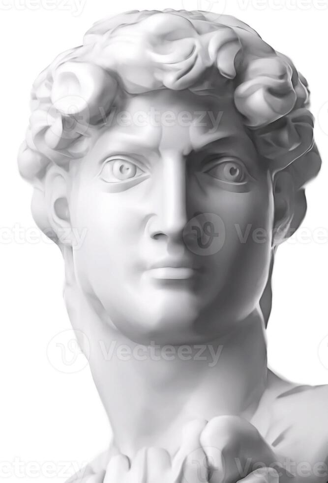 David face of Michelangelo's. Classical plaster bust sculpture. Gypsum head of statue isolated on white background. photo
