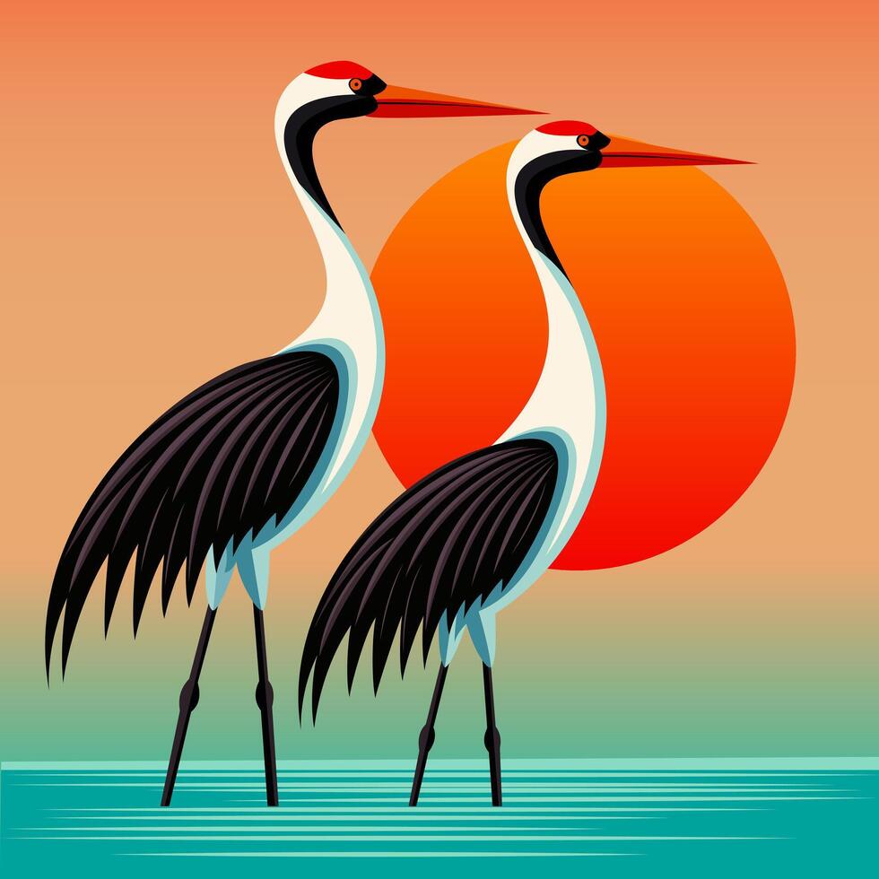 Majestic Cranes with Sun in the Background - Two cranes in the background of the sun. illustration. vector