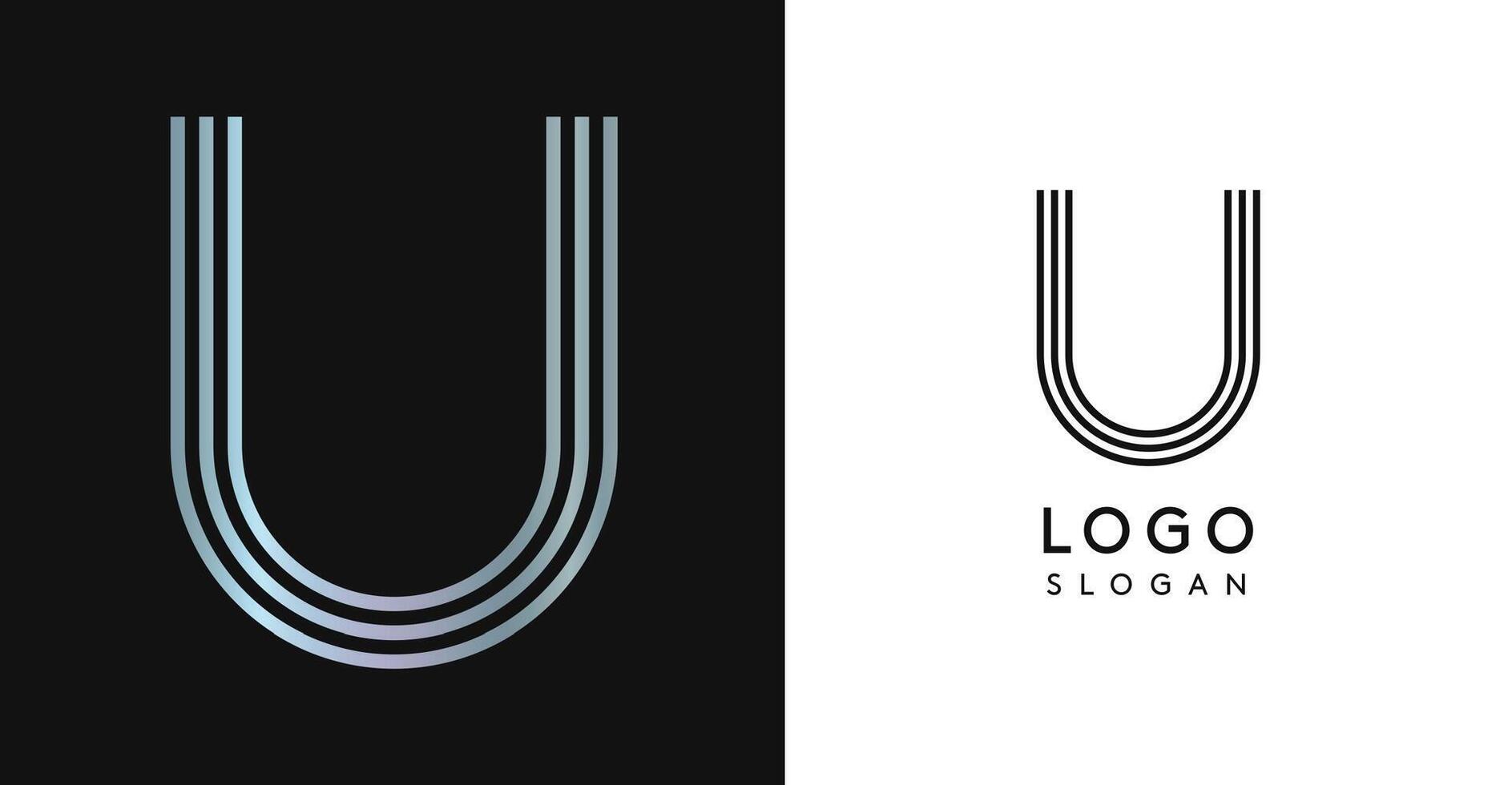 Minimalistic striped letter U, three lines monogram, shiny luxurious metallic gloss color logo for premium brand of jewels, fashion and beauty. Modern retro avant-garde identity. illustration. vector