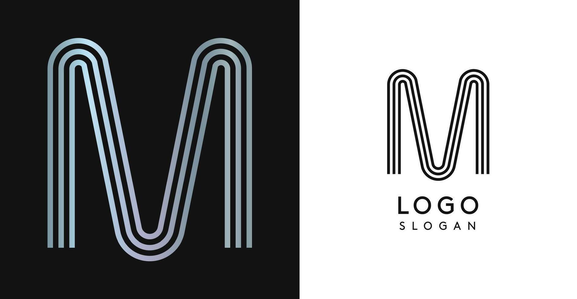 Minimalistic striped letter M, three lines monogram, shiny luxurious metallic gloss color logo for premium brand of jewels, fashion and beauty. Modern retro avant-garde identity. illustration. vector