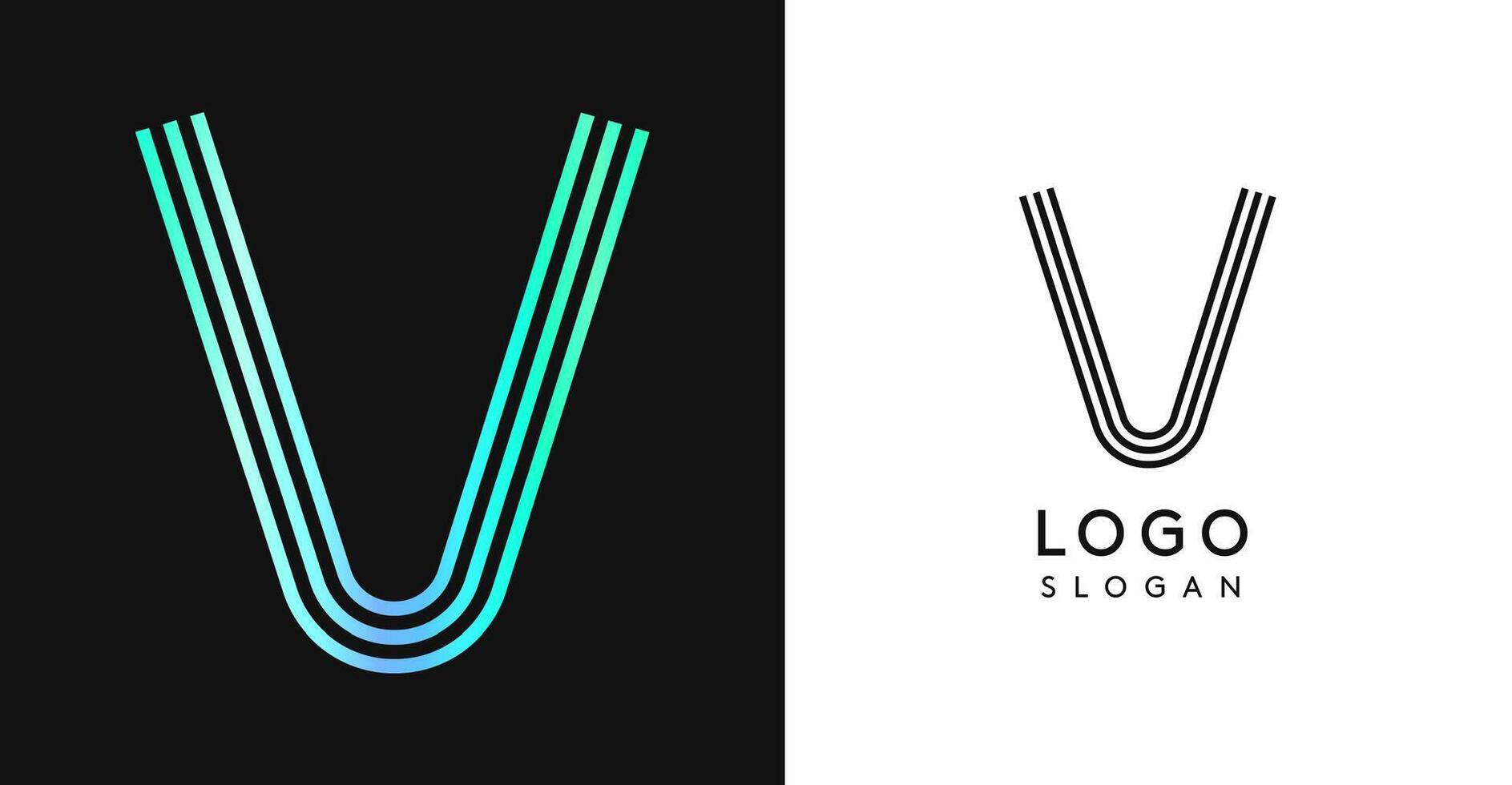 Minimalistic striped letter V, three lines monogram, shiny luxurious metallic gloss color logo for premium brand of jewels, fashion and beauty. Modern retro avant-garde identity. illustration. vector