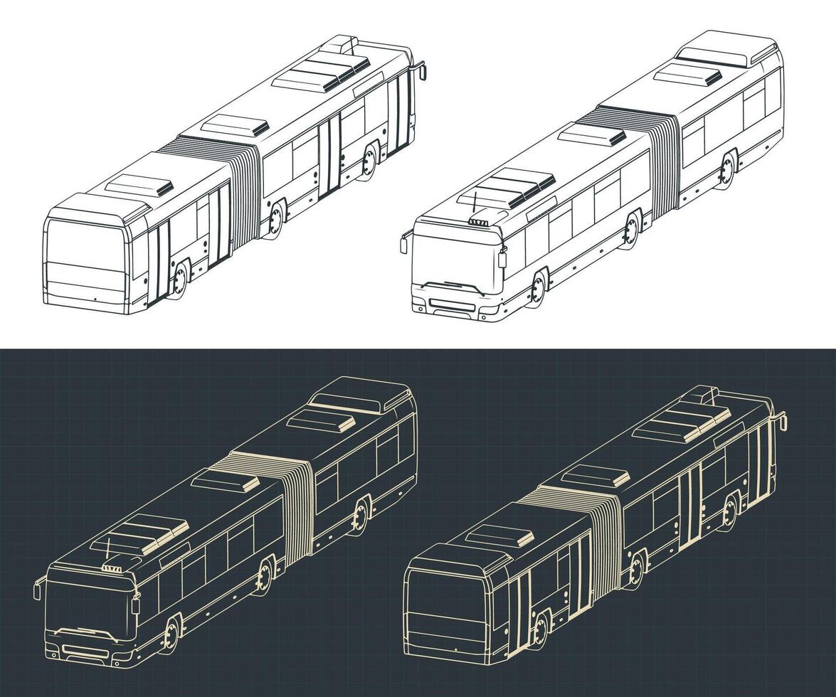 Articulated city bus isometric blueprints vector