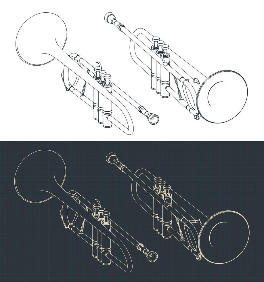 Crookless trumpet isometric blueprints vector
