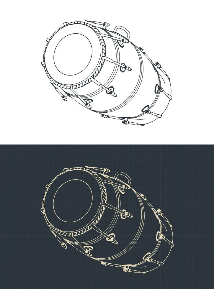 Naal dholak drum isometric blueprints vector