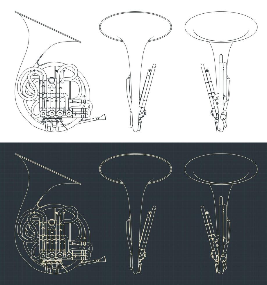 French horn blueprints vector