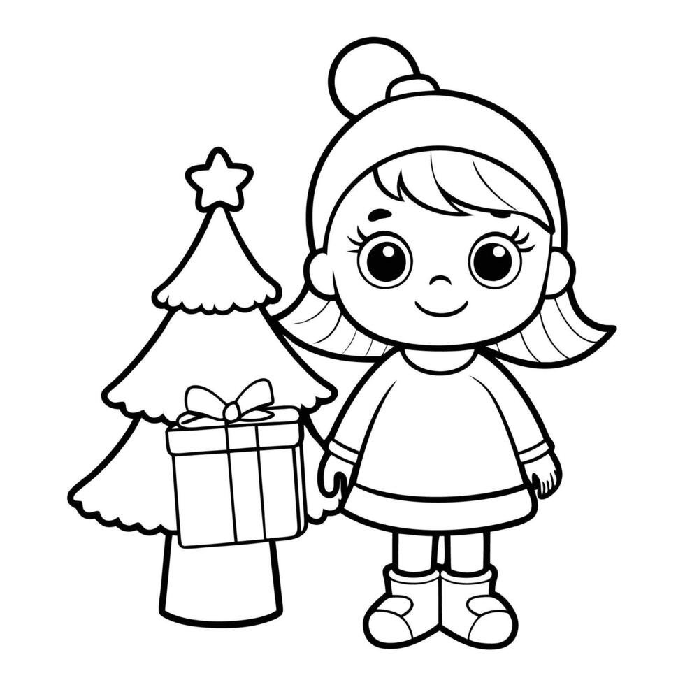 Christmas Cheer A Girl with Presents Standing by a Festive Christmas Tree vector