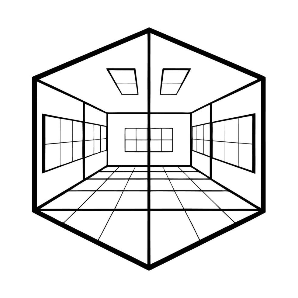 Intriguing Perspective Drawing of Interconnected Rooms with Vanishing Point vector