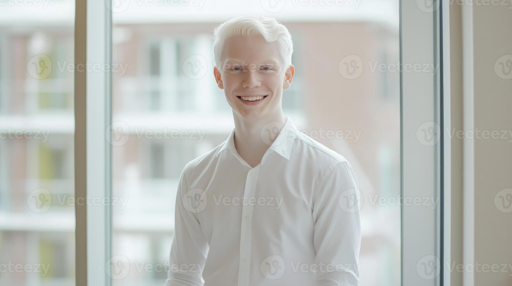 Young Albino Man Smiling in a Bright Office Space, Diversity in the Workplace, Design for Online Use, Brochure, Poster photo