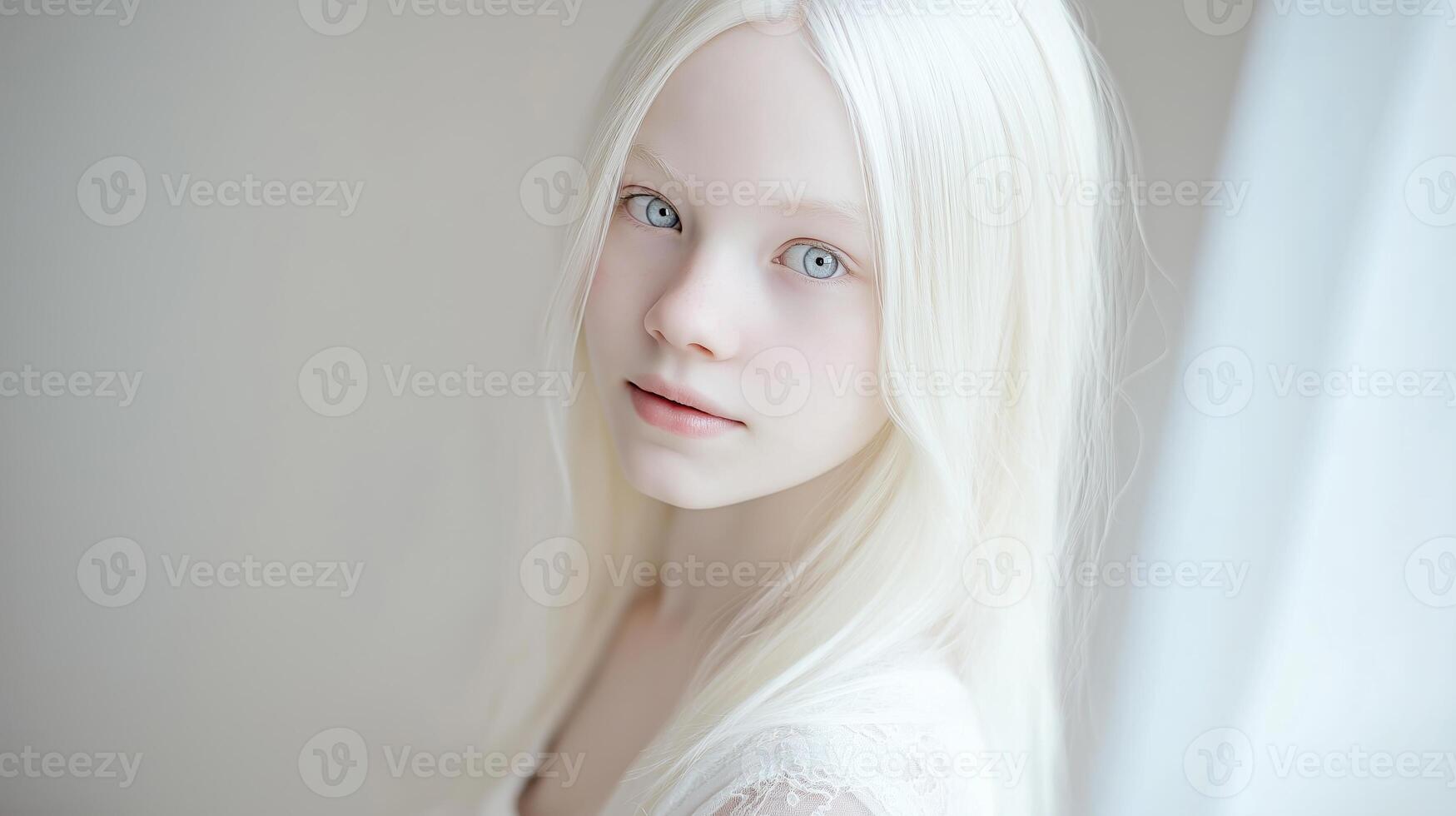 Ethereal Albino Teenage Girl with Long Blonde Hair in Soft Natural Light, Perfect for Beauty and Diversity Design, Print, and Posters photo
