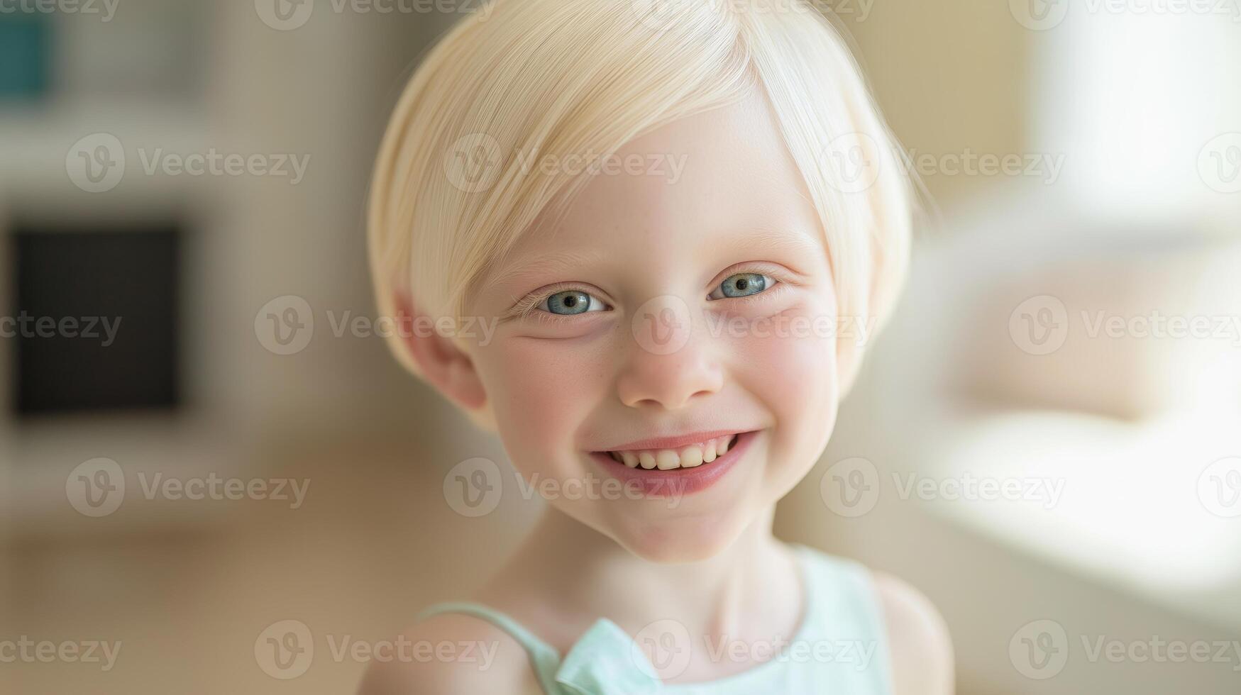 Cheerful Young Albino Girl, Diversity Representation, Bright Indoor Setting, For Print, Design and Poster Use photo