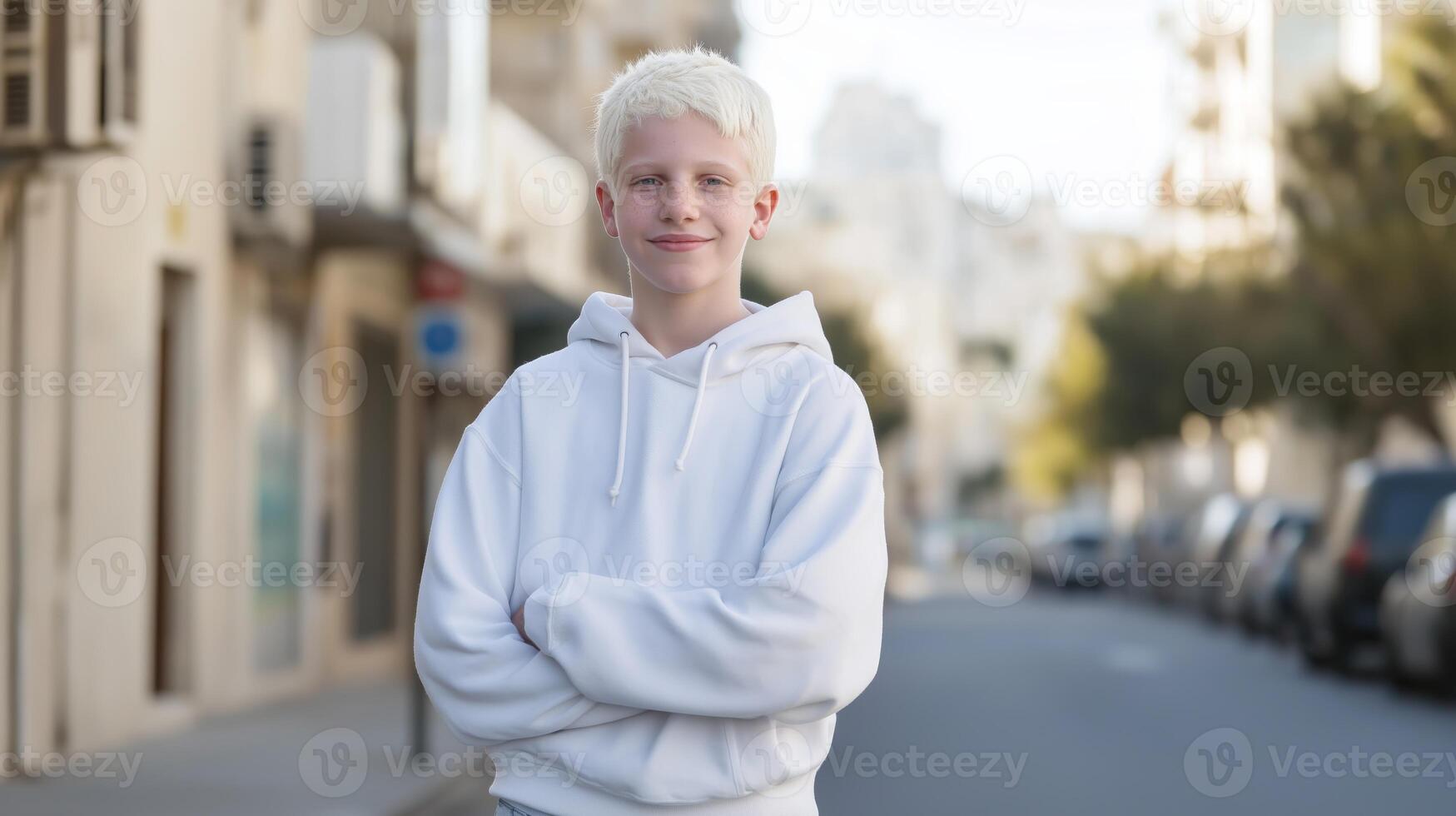 Portrait of a Smiling Teenage Boy with Albinism in an Urban Setting, Concept of Diversity and Inclusion, Suitable for Awareness Campaigns and Educational Materials photo