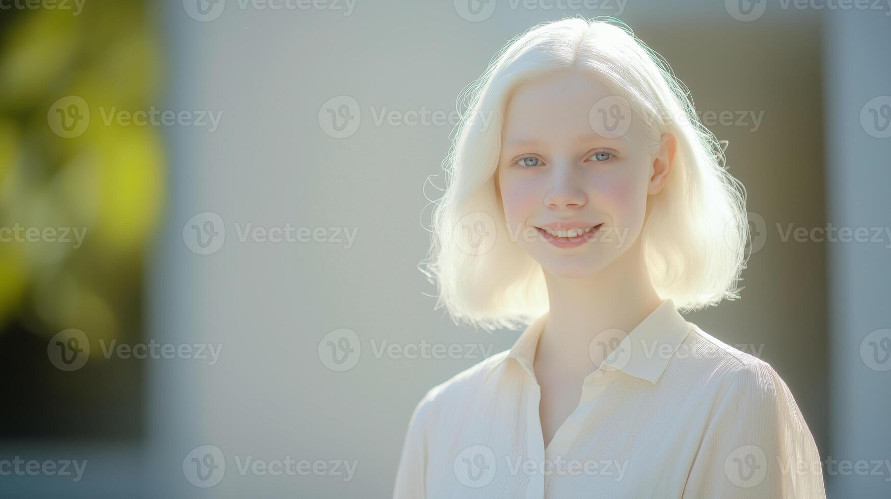 Portrait of a Young Middle Eastern Albino Woman in Her Early 20s Smiling Brightly Outdoors photo