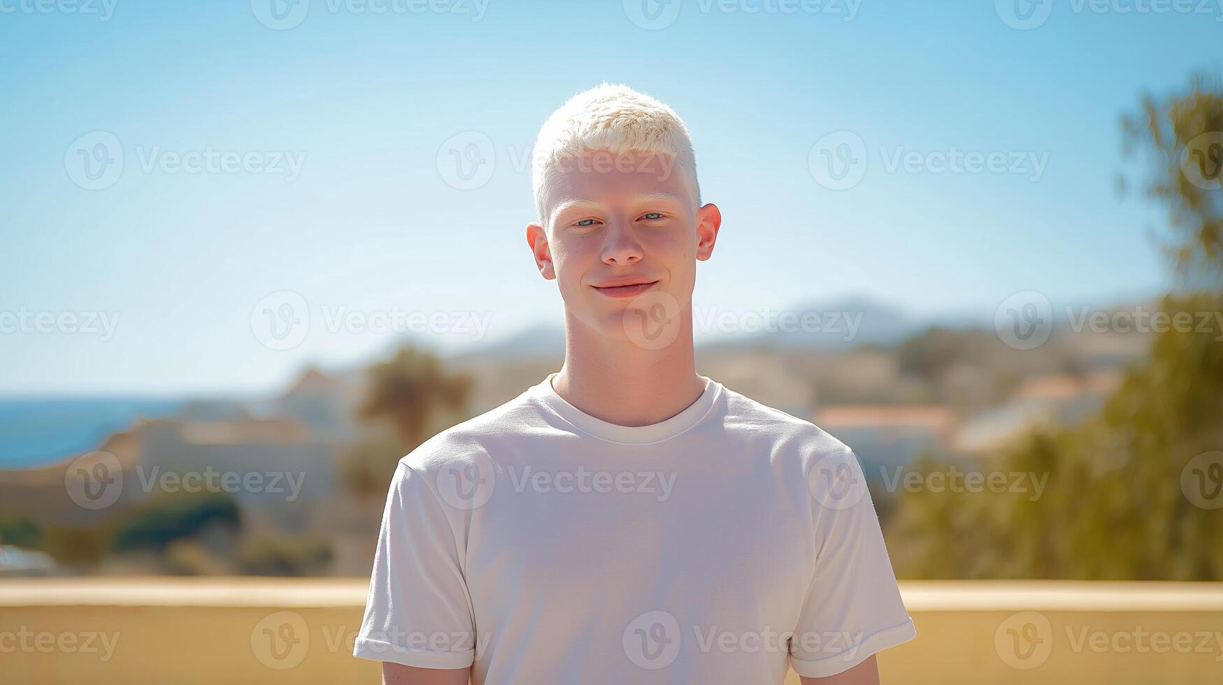 Young Israeli Albino Man Posing Outdoors in Sunlight, Perfect for Diversity and Inclusive Design for Posters, Cards, and Websites photo