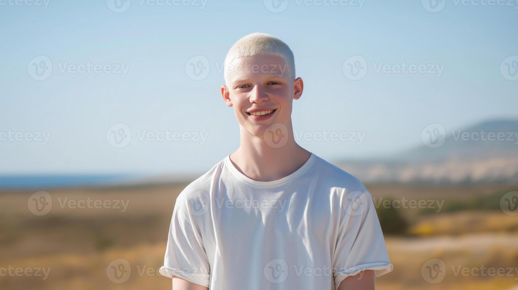 Young Israeli Albino Man in Early 20s Standing Outdoors with Scenic Background photo