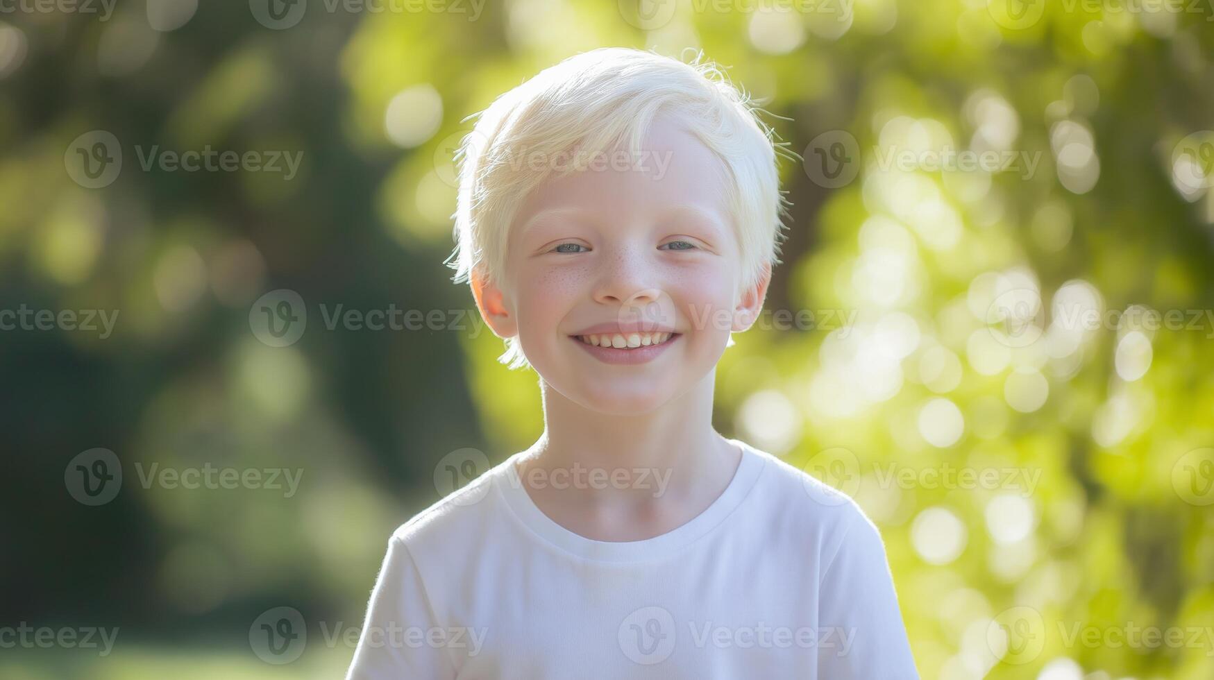 Smiling Albino Boy Outdoors in Sunlit Garden Childhood Joy, Natural Light Portrait for Stock Photography photo