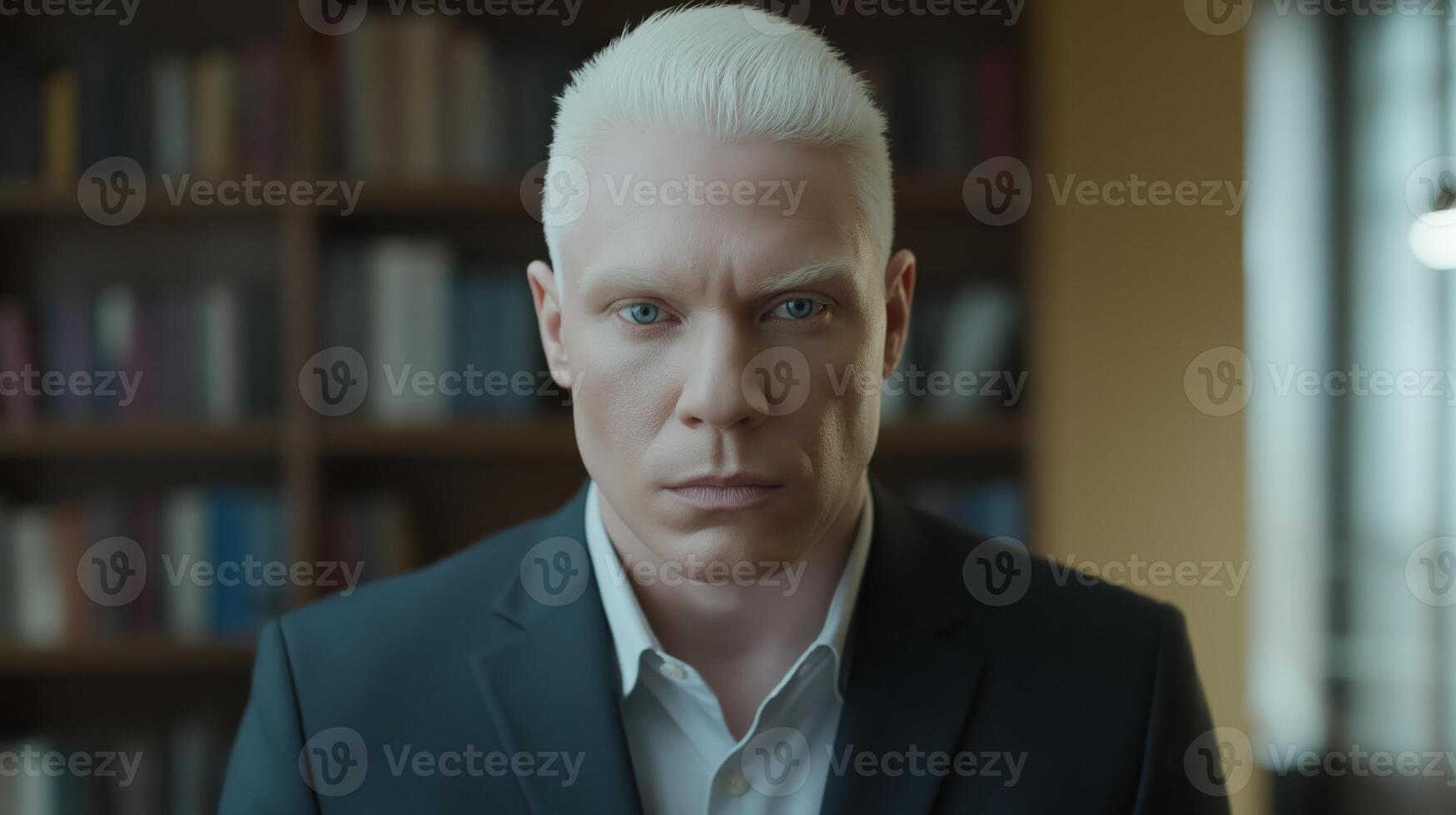Mid Shot of Middle Aged Native American Albino Man in Black Suit in Library Setting Stock Photo