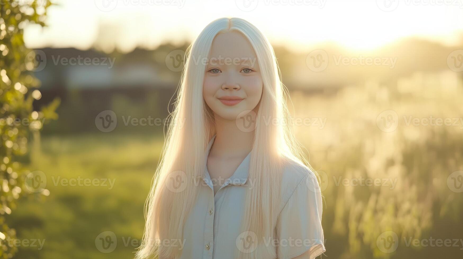 Serene Outdoor Portrait of a Young Southeast Asian Albino Teenage Girl at Sunset photo