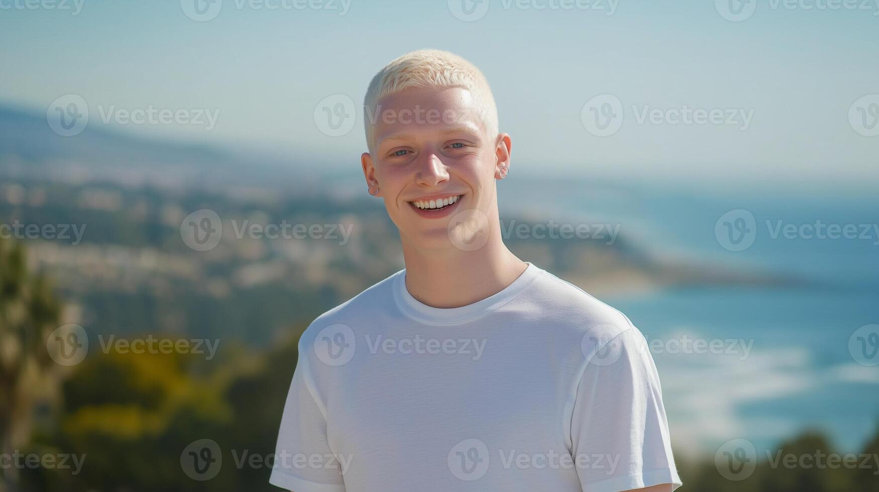 Young Israeli Albino Man Smiling Outdoors by the Beach, Stock Photography for Diversity and Inclusivity Themes photo