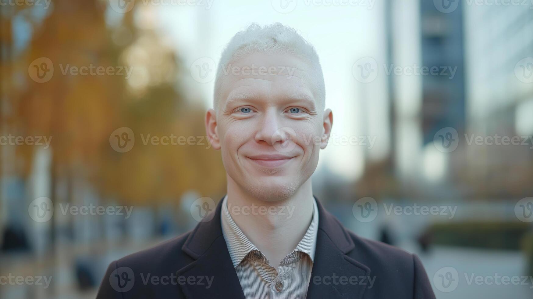 Middle Aged Middle Eastern Albino Man Smiling Outdoors in Urban Autumn Setting, Professional Portrait, Stock Photography photo