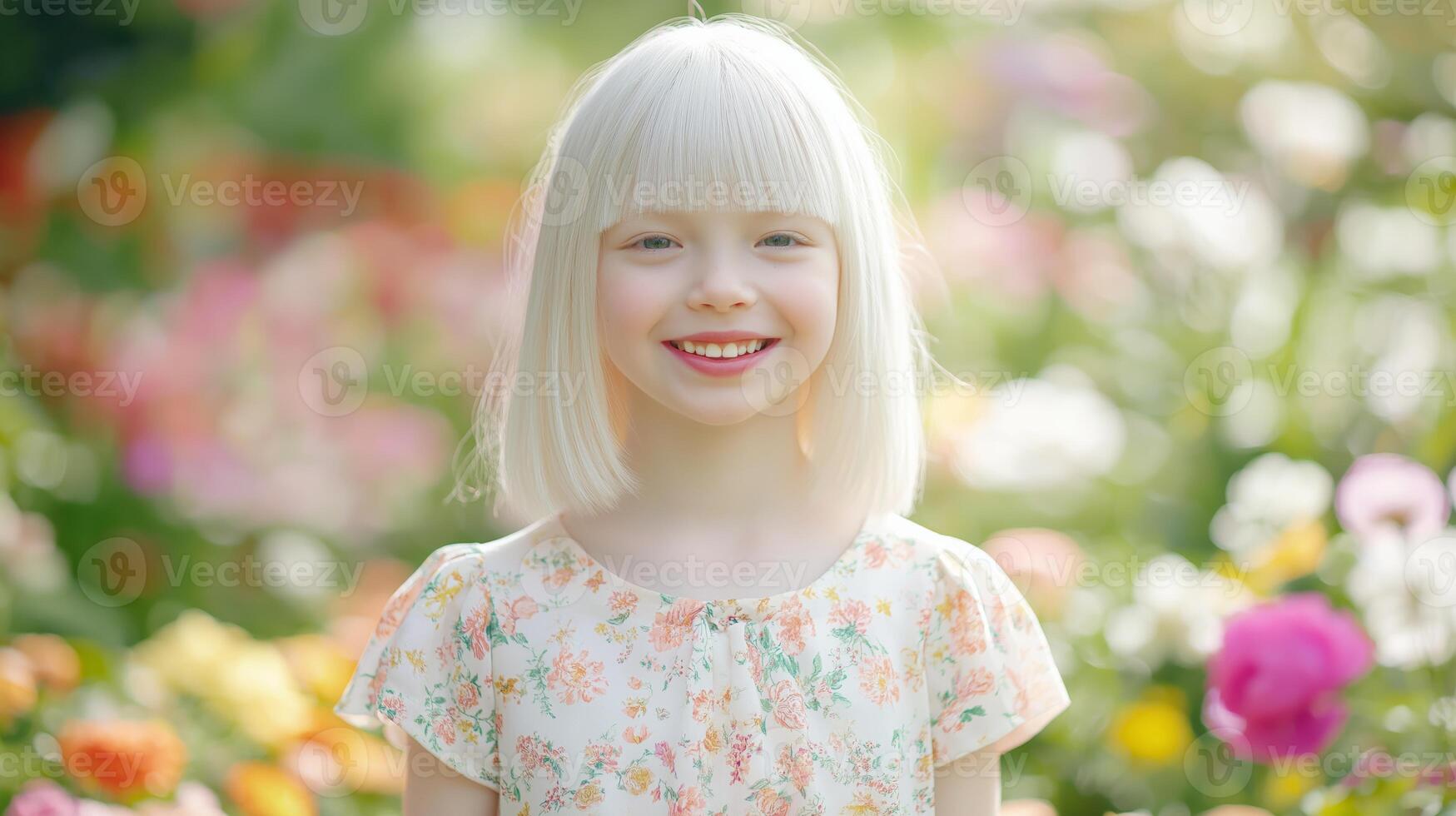Japanese Albino Girl Smiling Among Vibrant Flowers, Perfect for Spring Posters and Educational Materials photo
