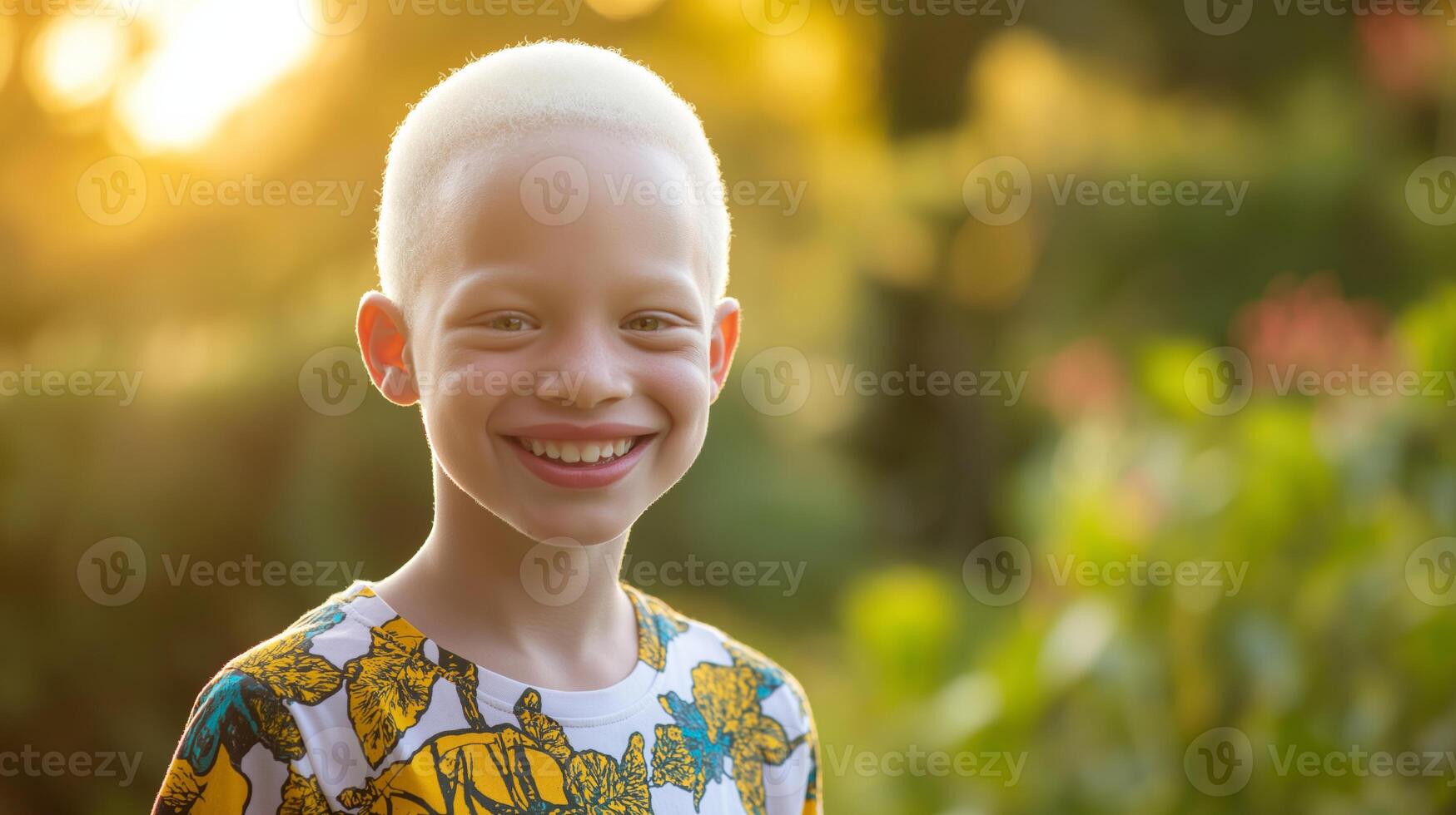 Joyful African Albino Boy Smiling in Garden at Sunset, Celebrating Diversity, Stock Photography for Print and Digital Use photo