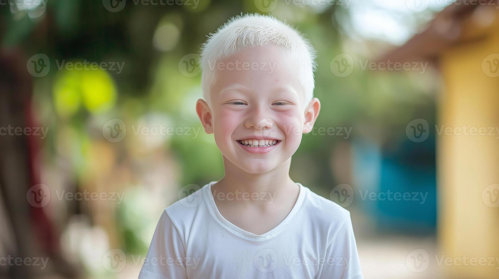 Central Asian Boy with Albinism, Smiling Outdoors, Showcasing Joy and Innocence, Perfect for Diversity and Inclusivity Campaigns photo