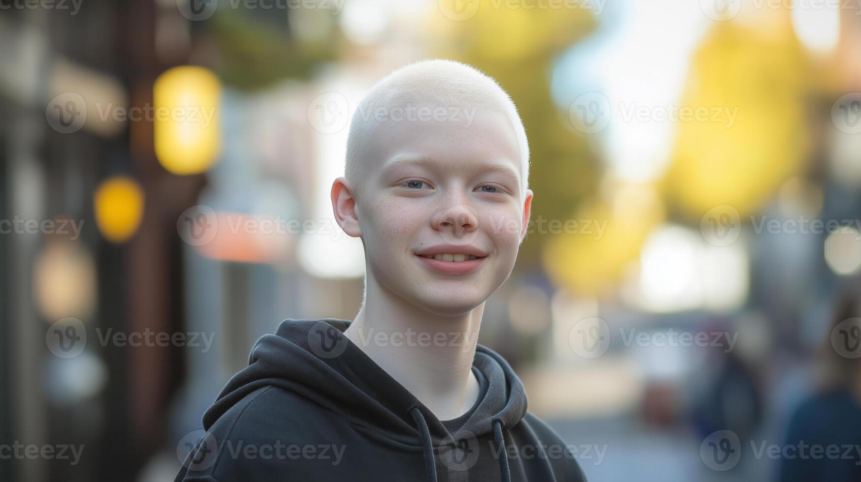 Smiling British Teen Boy with Albinism in Urban Street Setting Showing Confidence and Diversity photo