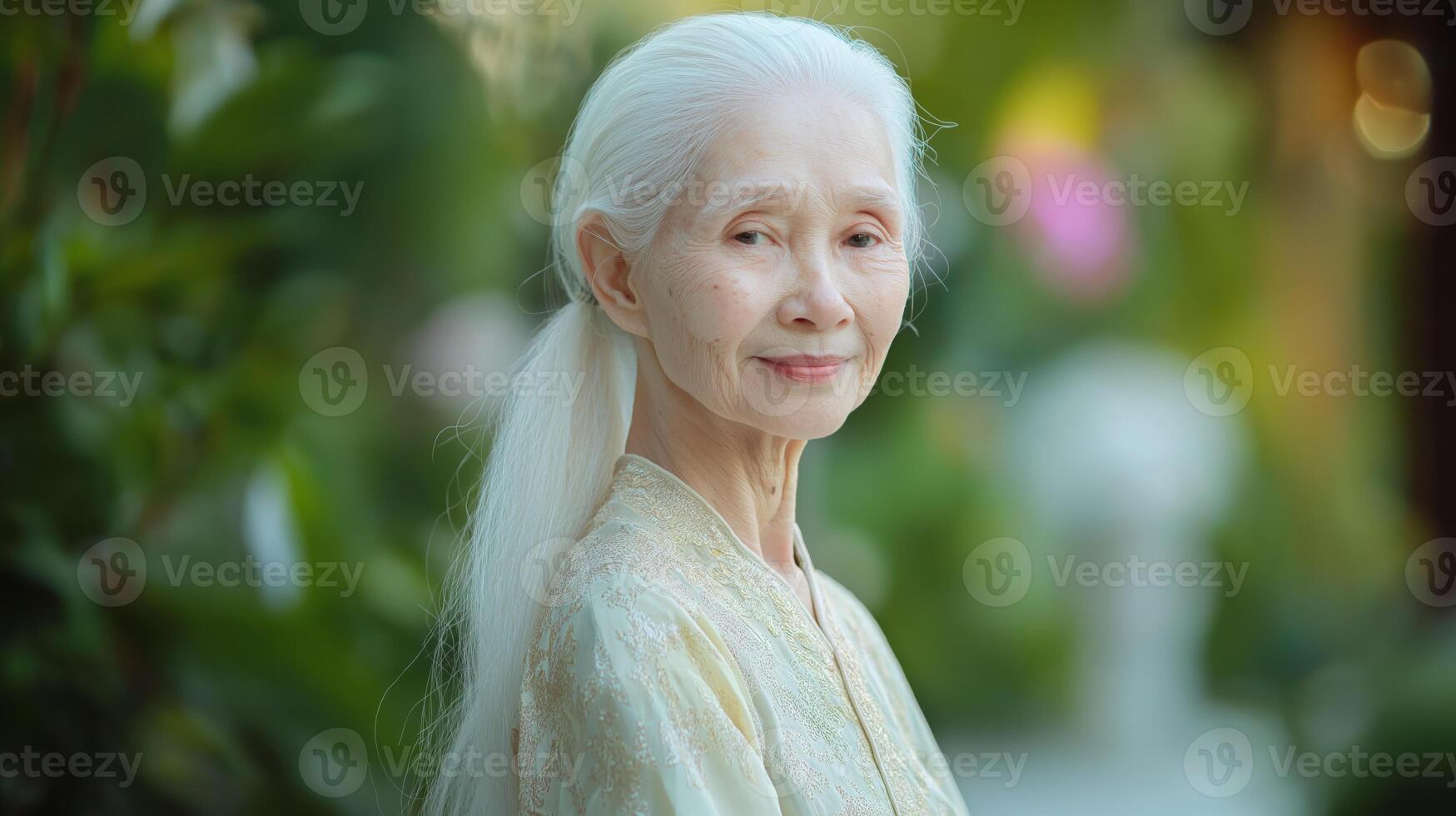 Elegant Elderly Albino Indonesian Woman in Traditional Attire Posing in Lush Green Garden Background for Cultural and Diversity Representation photo
