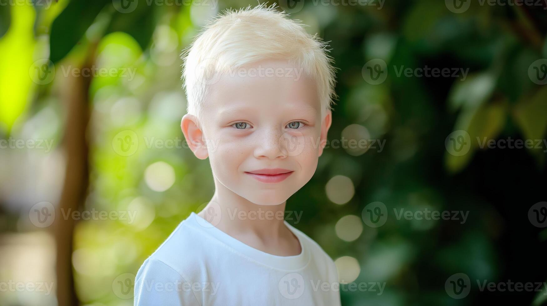 Young Thai Albino Boy Smiling Outdoors in a Sunny Garden, Perfect for Diversity and Inclusion Campaigns photo