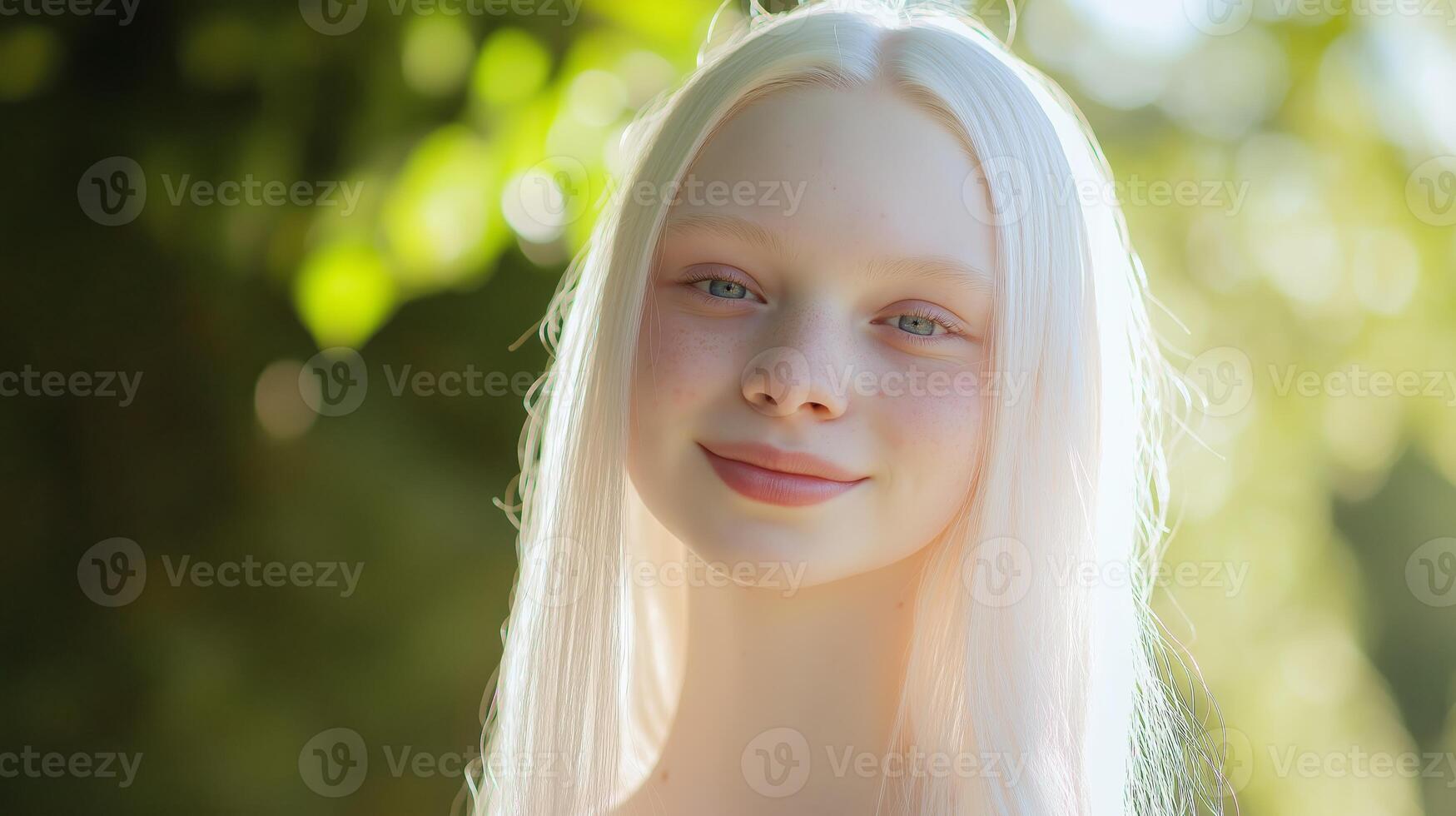 Teenage Albino Girl Smiling Warmly in Sunlit Outdoor Environment for Diversity Representation photo