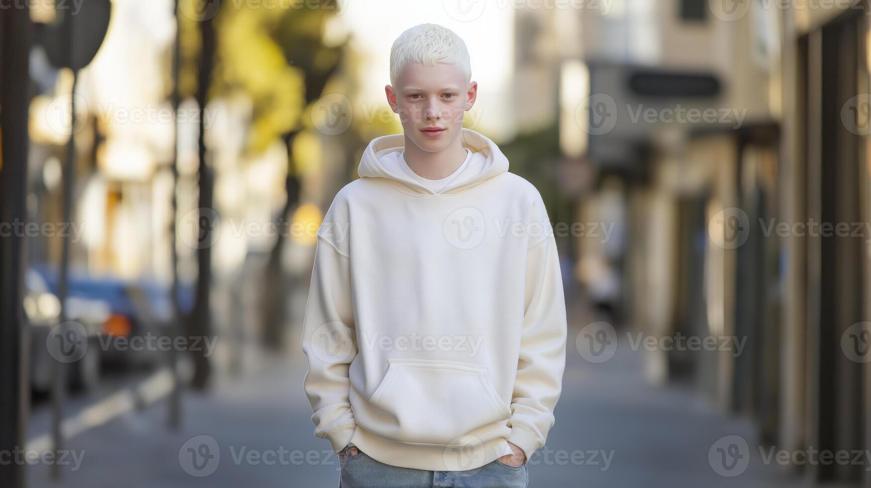 Diverse Teen Portrait in Urban Environment, Young Israeli Albino Boy in Casual Streetwear, Ideal for Multicultural Campaign photo