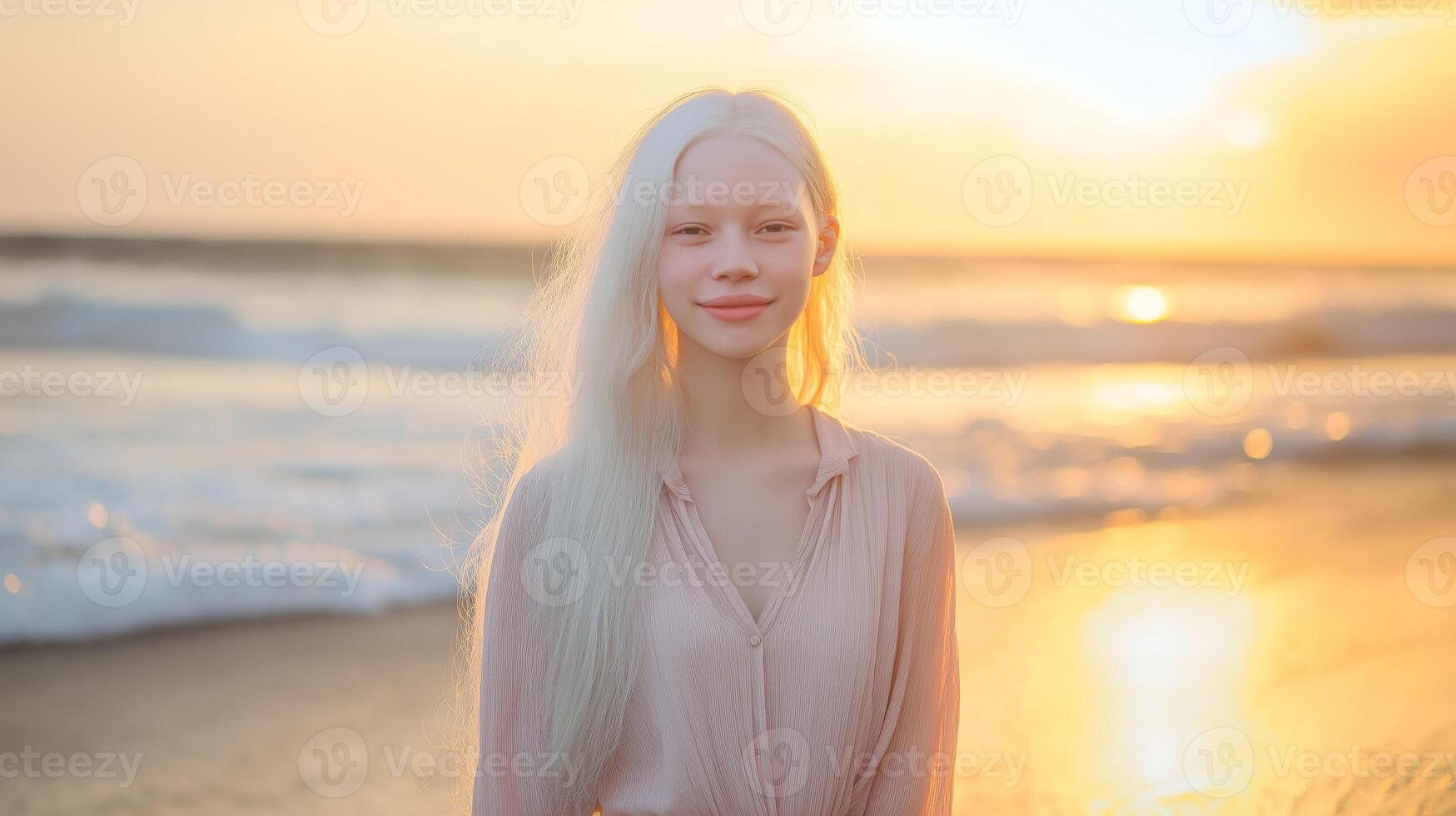 Tranquil Sunset at the Beach with a Young Albino Indonesian Girl Smiling Peacefully photo
