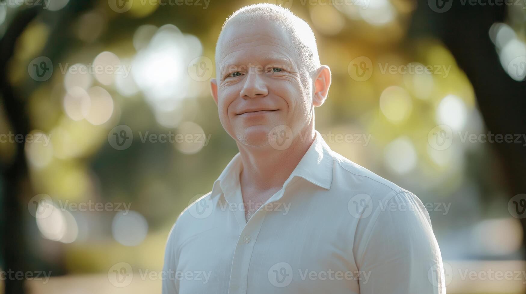 Portrait of a MiddleAged Albino Man in White Shirt Outdoors in Sunlit Park, Ideal for Diversity and Inclusion Concepts photo