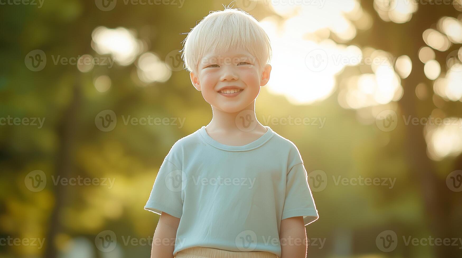 Smiling Japanese Albino Boy in Sunlit Park Ideal for Diversity and Childhood Photography, Poster, Card Design photo