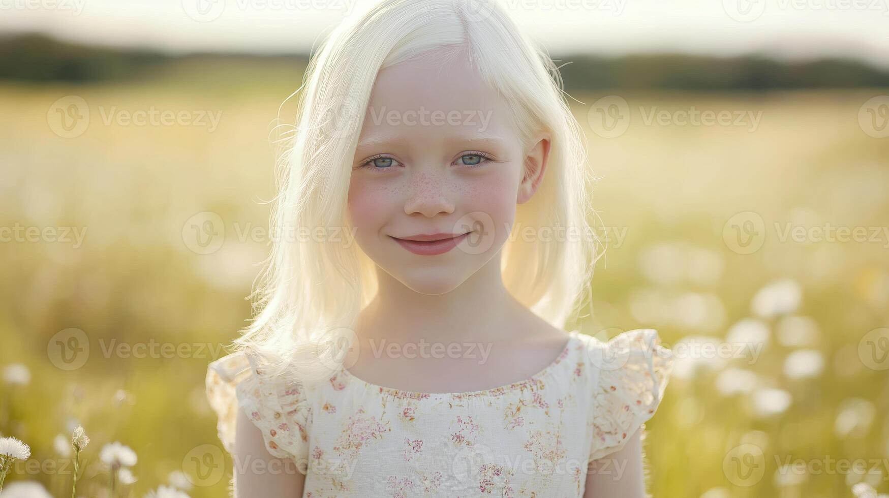 Portrait of a Young Italian Albino Girl in Floral Dress Standing in Sunny Meadow photo