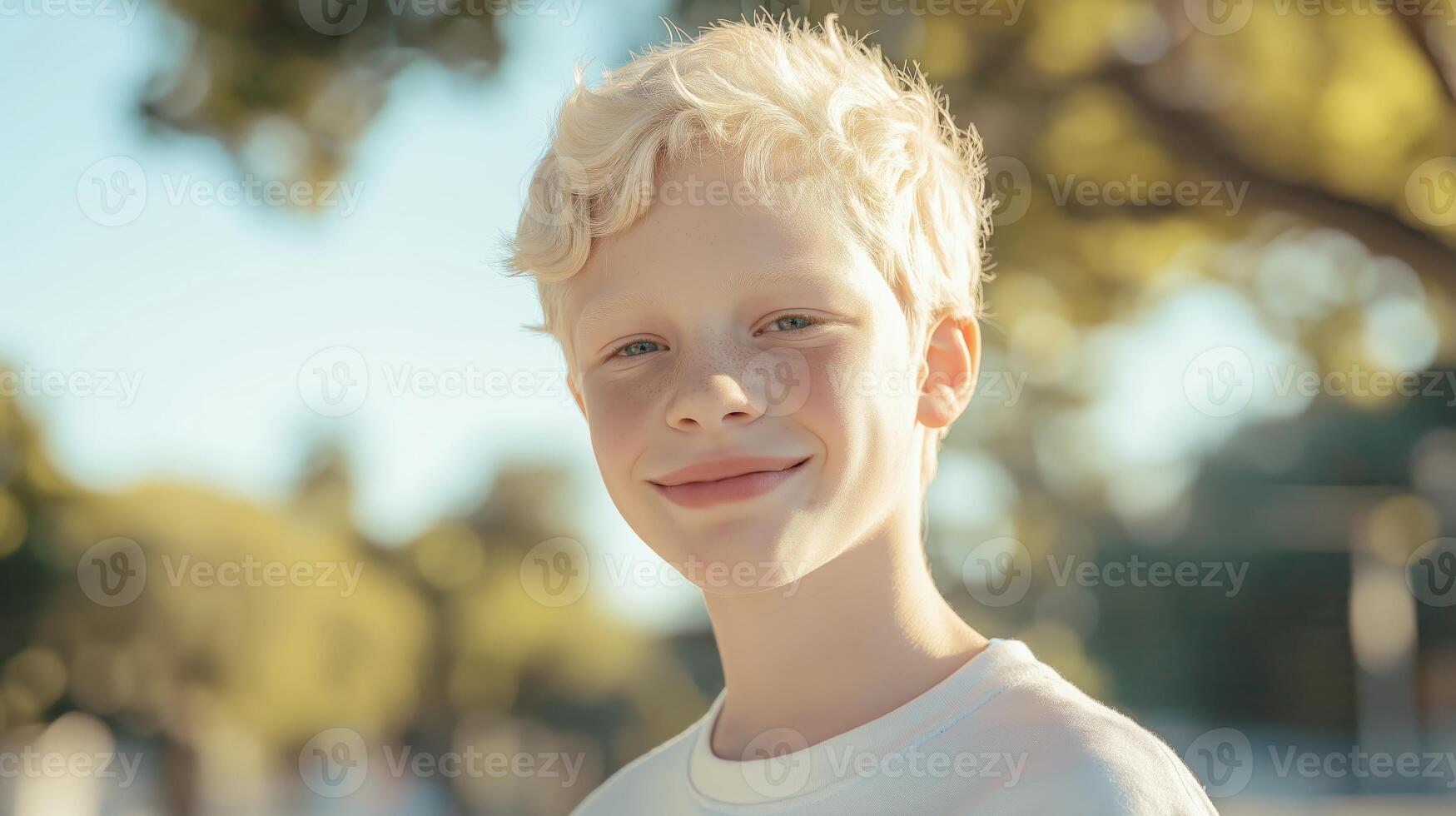 Confident Teenage Albino Pacific Islander Boy Outdoors on a Sunny Day, Diversity and Natural Beauty photo