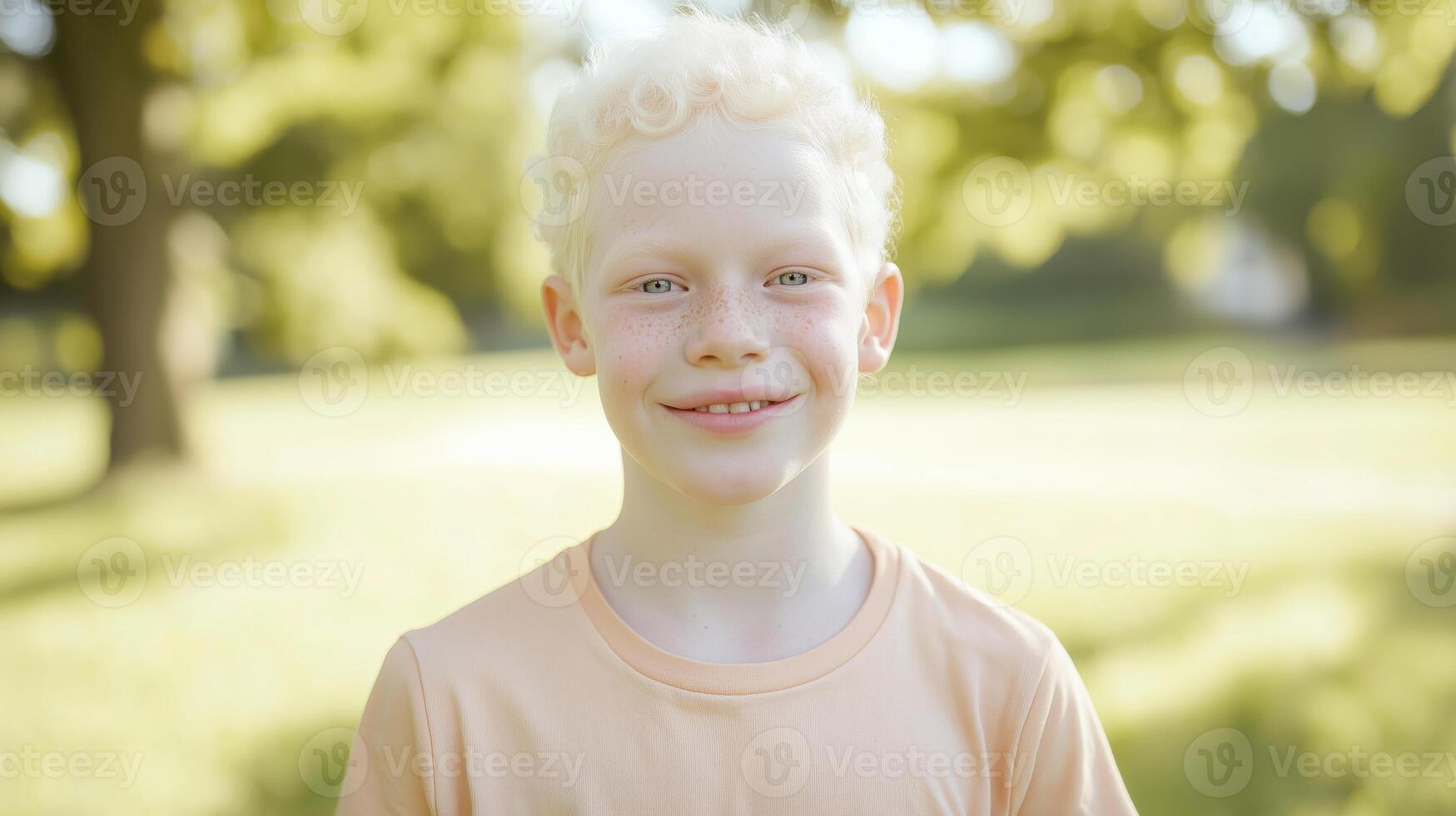 Smiling Albino British Boy in Outdoor Park on a Sunny Day with Lush Greenery and Nature Background photo