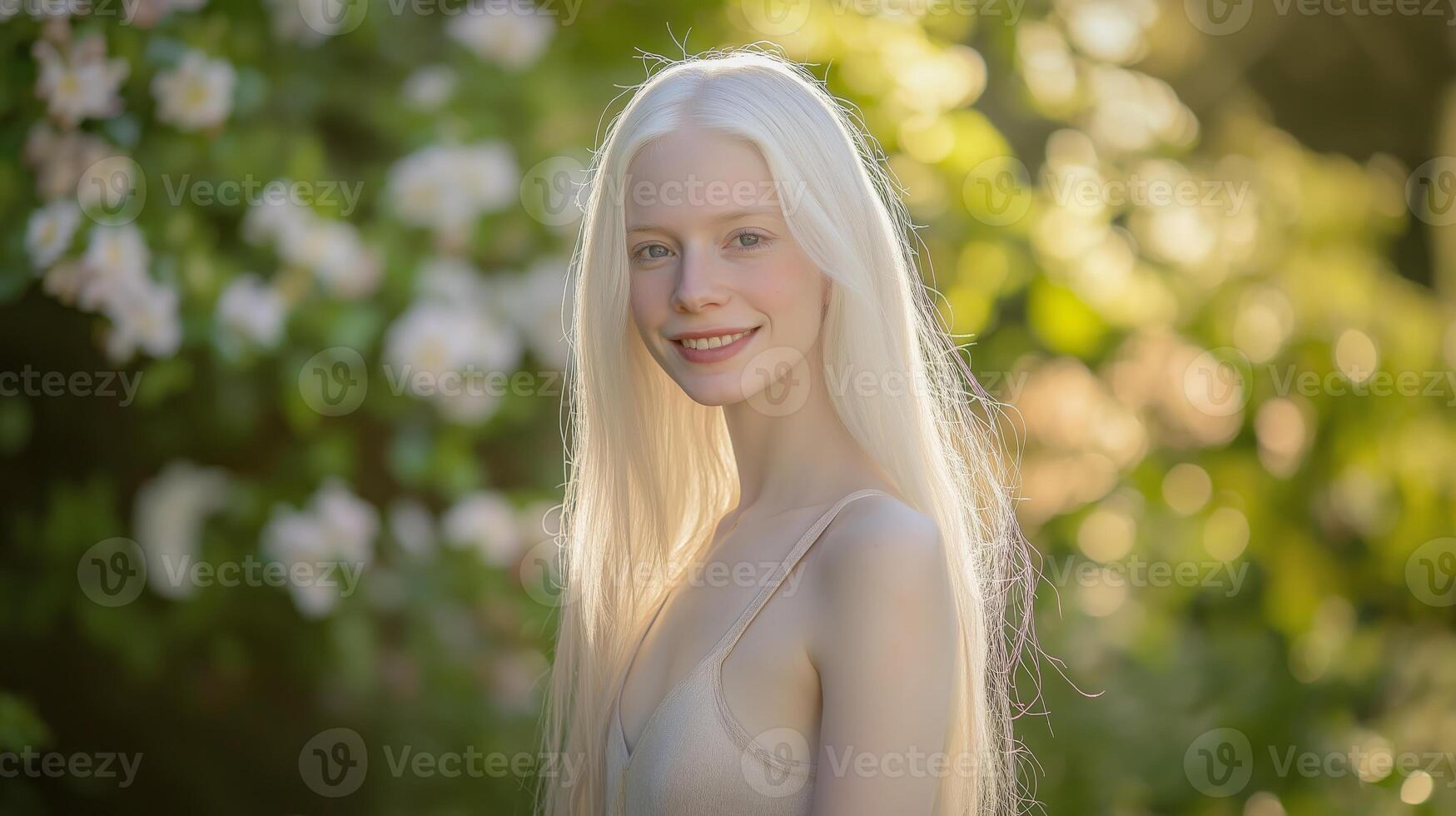 Natural Beauty of a Young Israeli Albino Woman in a Lush Garden Setting for Print or Digital Use photo