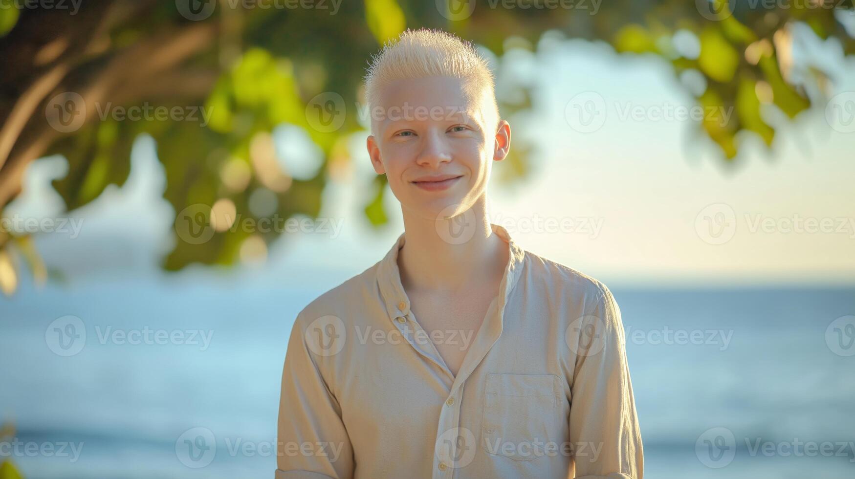 Casual Portrait of Smiling Young Albino Thai Man in Natural Outdoor Setting with Ocean Background for Diversity Representation photo