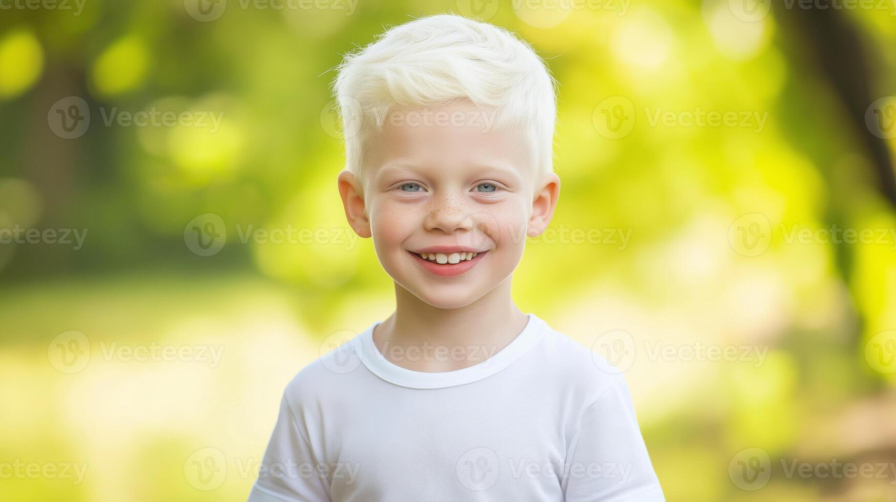Blonde Albino Young Boy Smiling Brightly Outdoors in Green Nature Setting, Perfect for Inspirational and Educational Materials photo